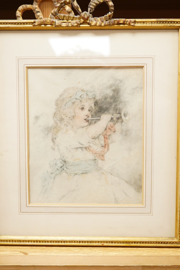 Manner of Sir Thomas Lawrence (1769-1830), A group of three portraits of young ladies, watercolours, in ribbon-tied frames, 17 x 14cm